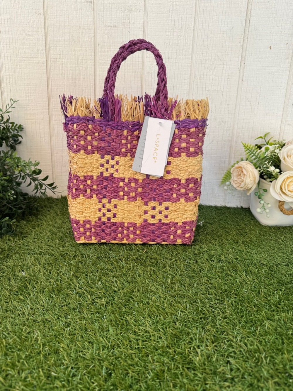 L Space - Charlie Bag - Berry Woven Straw Tote Bag in Purple and Natural New - Picture 10 of 10